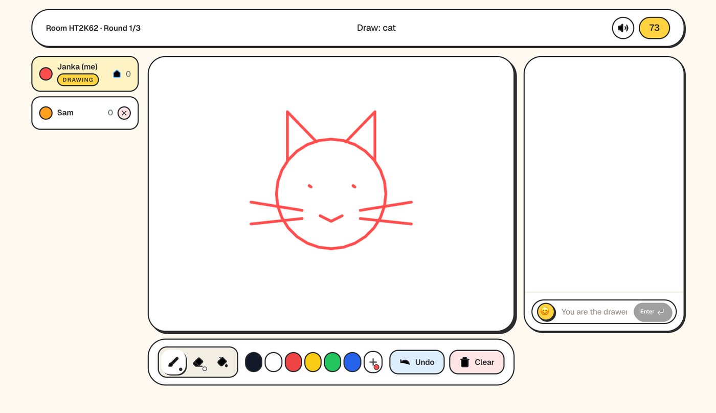Drawer view on a laptop: the word to draw at the top, the canvas with a cat, and the drawing toolbar