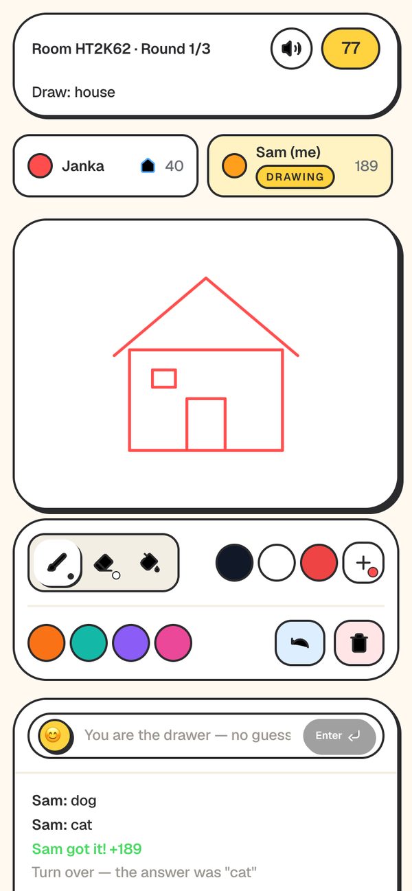Phone screen while drawing: the word house at the top, a drawing of a house, and the toolbar with tools and colors