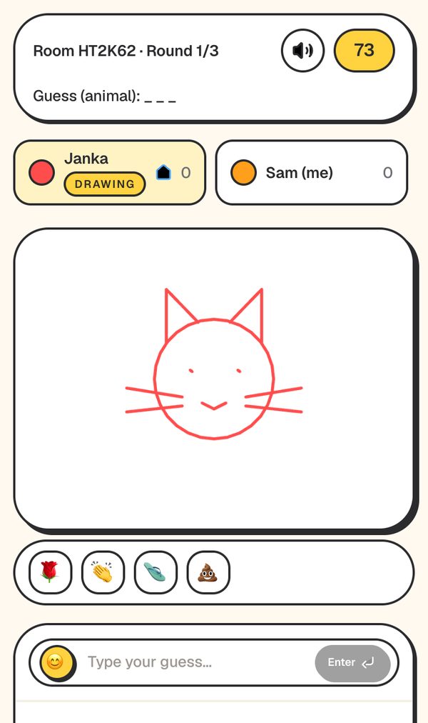 Phone screen while guessing: category and blanks at the top, the drawing, reaction buttons and the guess box
