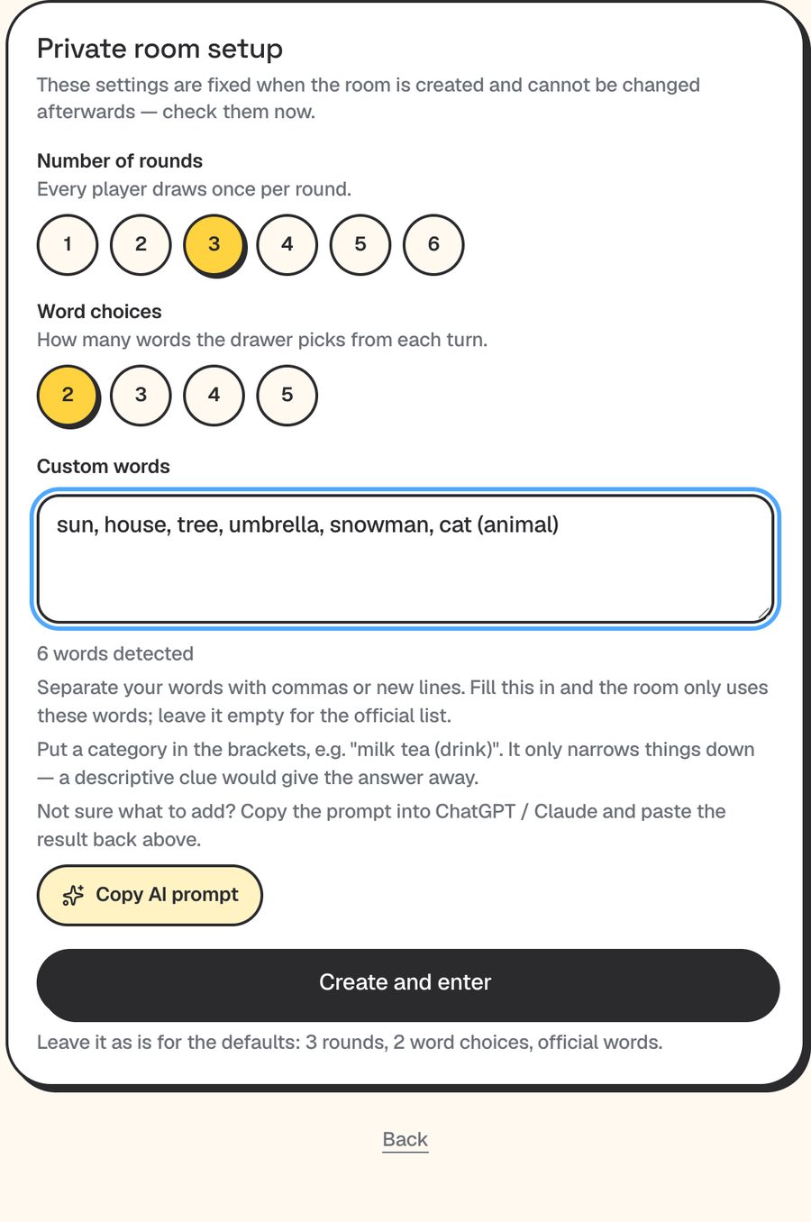 Private room setup with the custom words field filled in and a live count of six words