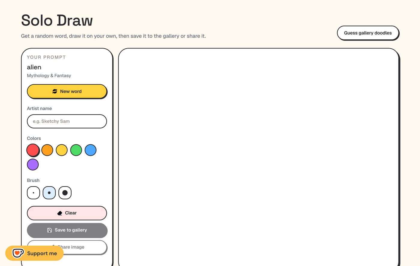 Solo Draw page with a prompt, New word button, artist name field, six colors, three brush sizes, Clear, Save to gallery and Share image
