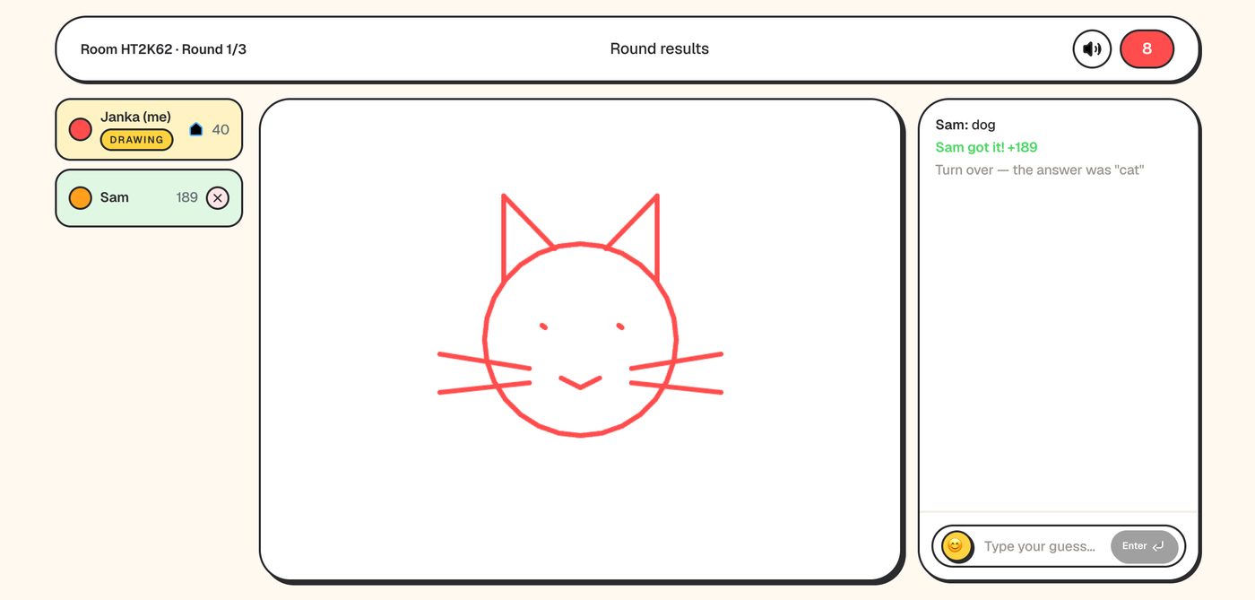 Chat showing a wrong guess, a correct guess worth 189 points, and the answer revealed