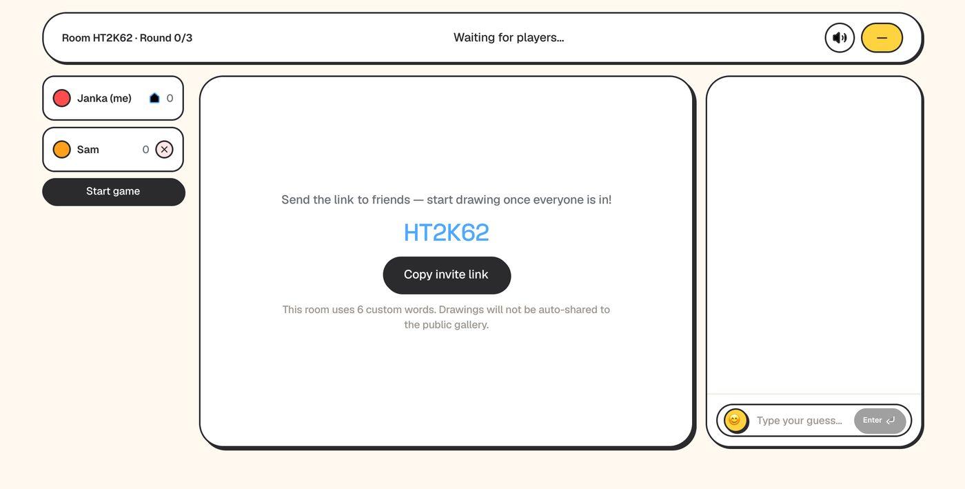 Waiting room showing two players, the room code and a Copy invite link button