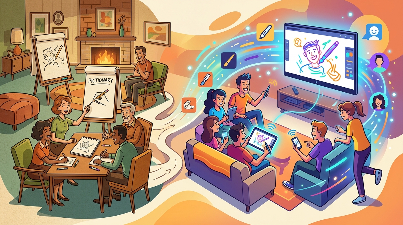 History of drawing party games illustration