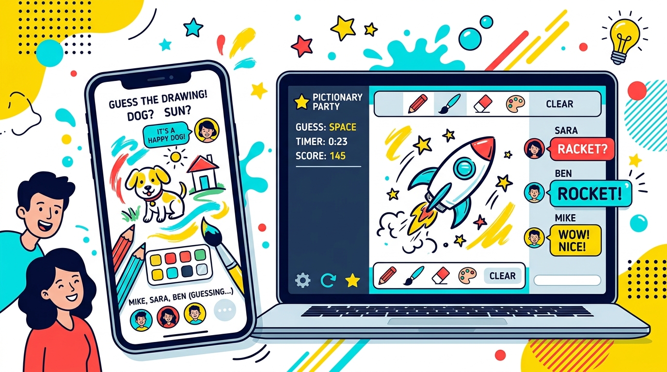 Pictionary drawing game interface and tips illustration